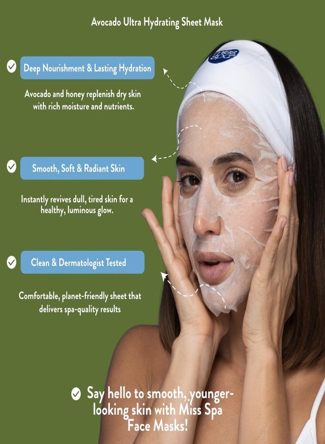 MISS SPA Avocado Ultra-Hydrating Sheet Mask Nourishing Face Mask with Avocado & Honey Deep Moisture Radiant Glow Biodegradable Cotton Dermatologist Tested Clean, 4 pack - Image 2